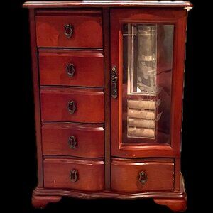 Elegant Wood Jewelry Box with Etched Glass Door